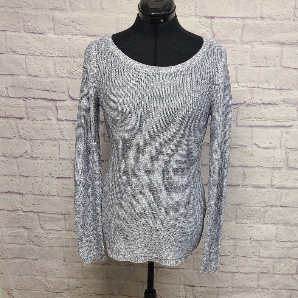 White House Black Market‎ Silver Metallic Sequin Keyhole Back Sweater Small